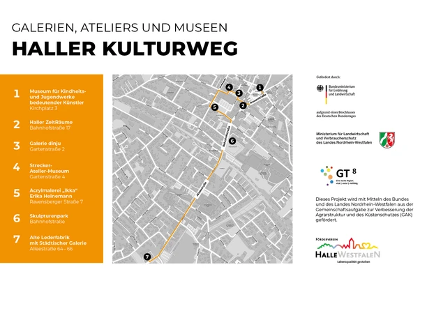 HallerKulturweg_Plan.jpg Plan zeigt den Haller Kulturweg mit nummerierten Kunststationen und Stadtplanübersicht.