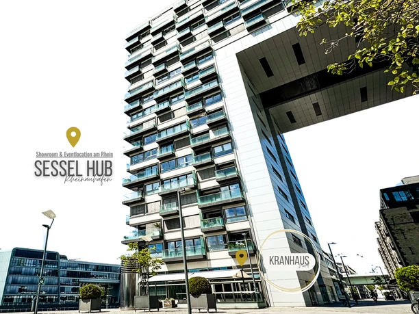 Unser Standort - EG, KRANHAUS NORD, Köln-Rheinauhafen Crane house in Cologne's Rheinauhafen from the outside, inscription "SesselHub"