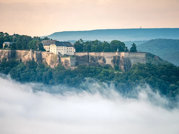 Blick auf die Festung Königstein Festung Königstein thront majestätisch auf einem Hügel, umgeben von dichten Wäldern und Nebel.