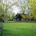 Museumshof Rahden: Fachwerkhäuser mit Reetdächern umgeben von blühenden Bäumen und einer grünen Wiese.