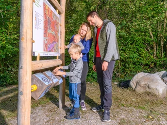 Familie an interaktiver Station am Bergbaupfad mit Infotafel und Holzwürfel zum Drehen