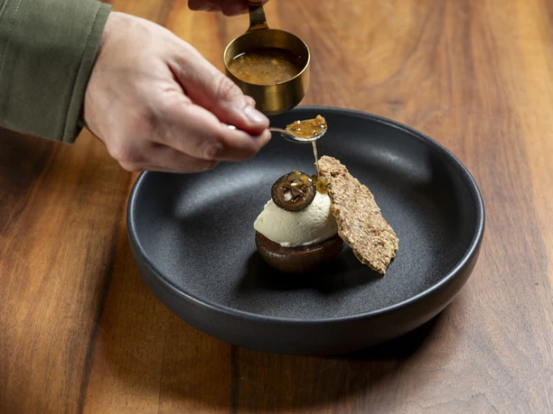 Artfully arranged plate with fine delicacies