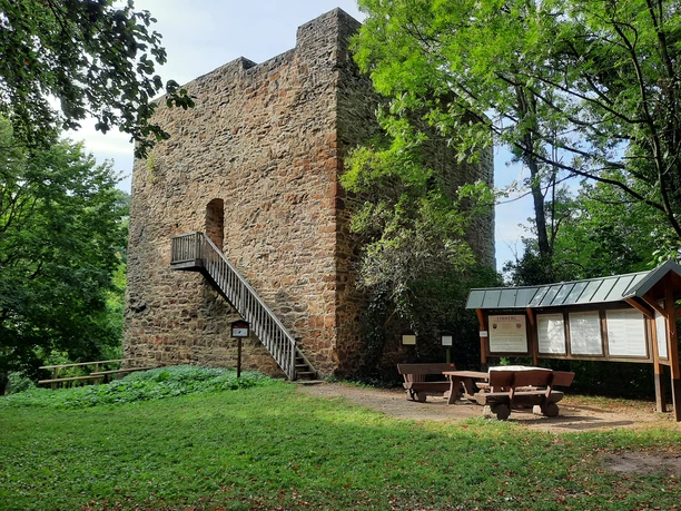 Burgruine Limberg Burgruine Limberg: Historischer steinerner Turm mit Außentreppe, umgeben von grünen Bäumen und Sitzgelegenheiten.