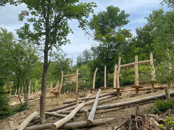 Niederseilgarten im Aatal Niederseilgarten mit hölzernen Balancierpfaden und Hindernissen, eingebettet in einen bewaldeten Hang.