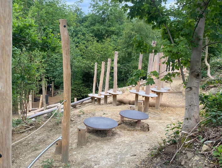 Der Niederseilgarten im Aatal Niederseilgarten im Aatal mit Kletterelementen und Balancierstationen in bewaldeter Umgebung.