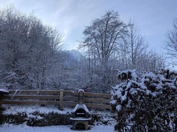 Garten mit Grillplatz im Winter