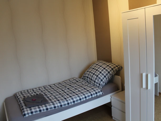 Stellmanns Gästehof Ein Einzelzimmer mit modernem Design, ausgestattet mit einem Bett, einem Kleiderschrank und Nachttisch.