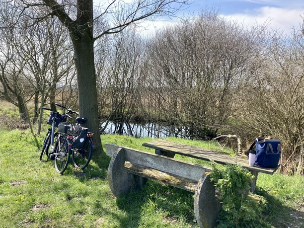 Oppenweher Moor Ein abgelegener Rastplatz im Oppenweher Moor mit einem Holztisch, einer Bank und zwei Fahrrädern.