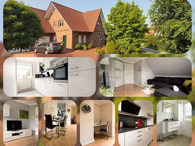 Modernes Backsteinhaus mit rotem Dach und grünen Bäumen, innen helle, stilvolle Einrichtung.