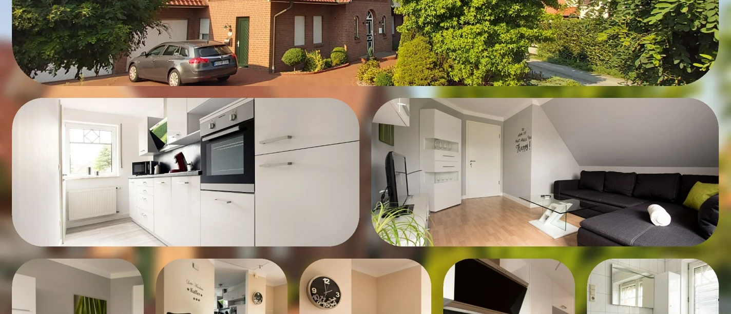 Fewo Kampe Vorschau.jpg Modernes Backsteinhaus mit rotem Dach und grünen Bäumen, innen helle, stilvolle Einrichtung.