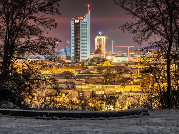 Blick vom Fockeberg auf Leipzigs beleuchtete Skyline bei Nacht, gerahmt von Bäumen