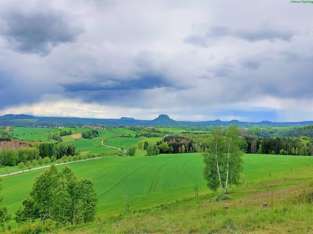 Aussichtsreicher Blick zum Pfaffenstein, Festung Königstein, Lilienstein, Bärensteinen und Rauenstein