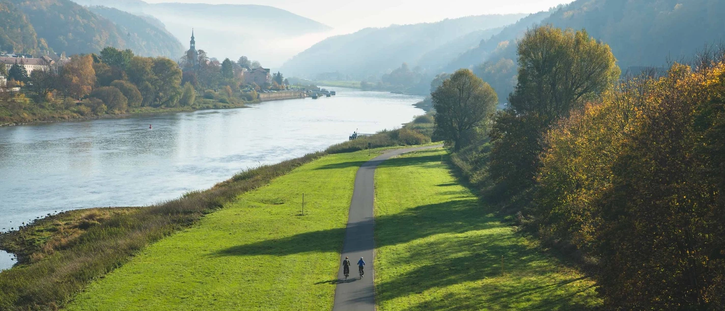 Panoramablick von der Stadtbrücke auf Bad Schandau mit dem Elberadweg