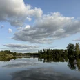 20240914-InstaWalk-Herford-Hücker-Moor-Spenge_Moorstrandhaus-6.jpg Wolken spiegeln sich im ruhigen Wasser eines Sees, umgeben von Wald; friedliche Atmosphäre.