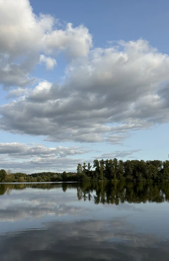 20240914-InstaWalk-Herford-Hücker-Moor-Spenge_Moorstrandhaus-6.jpg Wolken spiegeln sich im ruhigen Wasser eines Sees, umgeben von Wald; friedliche Atmosphäre.