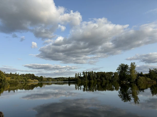20240914-InstaWalk-Herford-Hücker-Moor-Spenge_Moorstrandhaus-6.jpg Wolken spiegeln sich im ruhigen Wasser eines Sees, umgeben von Wald; friedliche Atmosphäre.