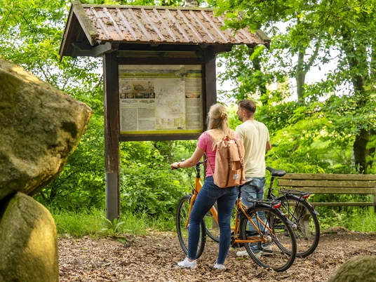 Großsteingrab auf Bruneforths Esch, Stavern – Radfahren Hümmling ©Emsland Tourismus GmbH (5).jpg Zwei Personen mit Fahrrädern betrachten eine Infotafel am Großsteingrab im grünen Waldgebiet.