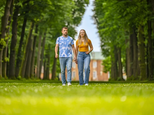 Allee bei Schloss Clemenswerth, Sögel – Radfahren Hümmling ©Emsland Tourismus GmbH (4).jpg Zwei Personen gehen auf einer von hohen Bäumen gesäumten Allee vor Schloss Clemenswerth spazieren.