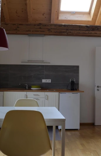 Unsere Wohnküche mit Sofa und Fernseher