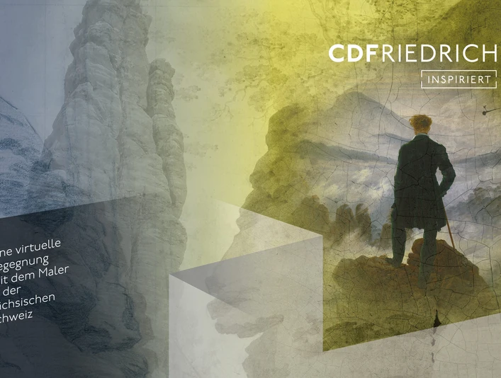 CDFriedrich inspiriert Mann in dunklem Mantel steht auf Felsen und blickt in neblige Landschaft; Text: "CDFRIEDRICH inspiriert" und "Eine virtuelle Begegnung mit dem Maler in der Sächsischen Schweiz".Man in a dark coat stands on rocks and looks into a misty landscape; text: "CDFRIEDRICH inspires" and "A virtual encounter with the painter in Saxon Switzerland".Muž v tmavém kabátě stojí na skalách a dívá se do zamlžené krajiny; text: "CDFRIEDRICH inspiruje" a "Virtuální setkání s malířem v Saském Švýcarsku".Mężczyzna w ciemnym płaszczu stoi na skałach i patrzy na zamglony krajobraz; tekst: "CDFRIEDRICH inspiruje" i "Wirtualne spotkanie z malarzem w Szwajcarii Saksońskiej".Man in donkere jas staat op rotsen en kijkt in een mistig landschap; tekst: "CDFRIEDRICH inspireert" en "Een virtuele ontmoeting met de schilder in Saksisch Zwitserland".Un uomo con un cappotto scuro è in piedi su delle rocce e guarda in un paesaggio nebbioso; testo: "CDFRIEDRICH ispira" e "Un incontro virtuale con il pittore nella Svizzera sassone".