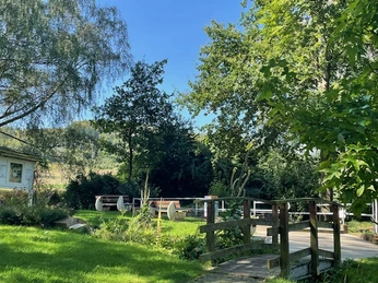 Godelheim-Tretbeckenanlage_schattiges Plätzchen.jpg Grünanlage mit kleiner Brücke