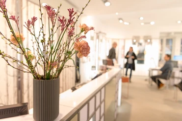 Hanssen by Herr Lutz Innenraum eines Optikergeschäfts mit Blumenstrauß im Vordergrund