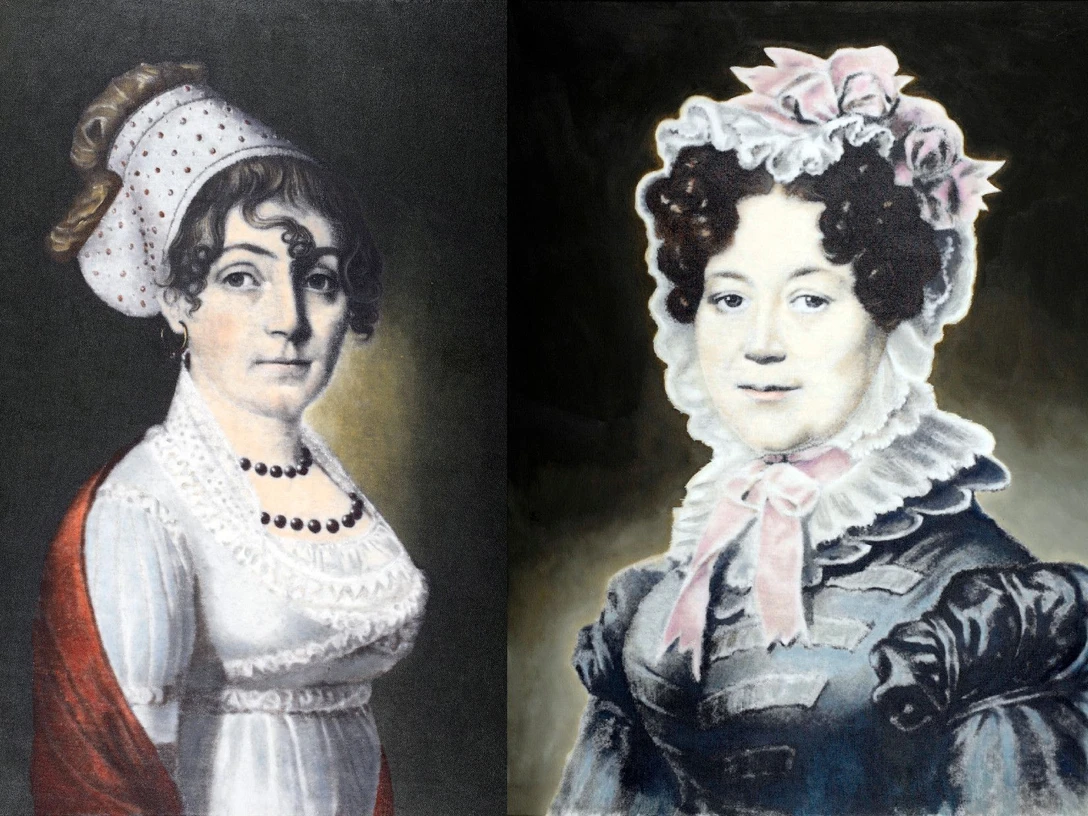 Frauenleben Zwei historische Porträts zeigen Frauen in traditioneller Kleidung mit Kopfbedeckungen auf dunklem Hintergrund.