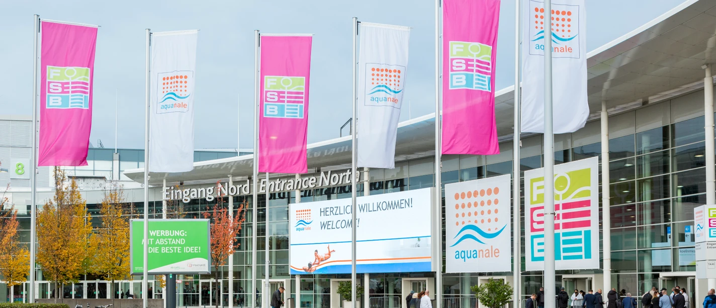 Entrance to Koelnmesse with posters and flags for the Aquanale