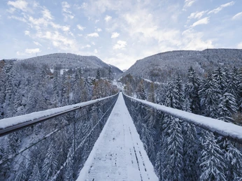 Goms Bridge in einer verschneiten Winterlandschaft