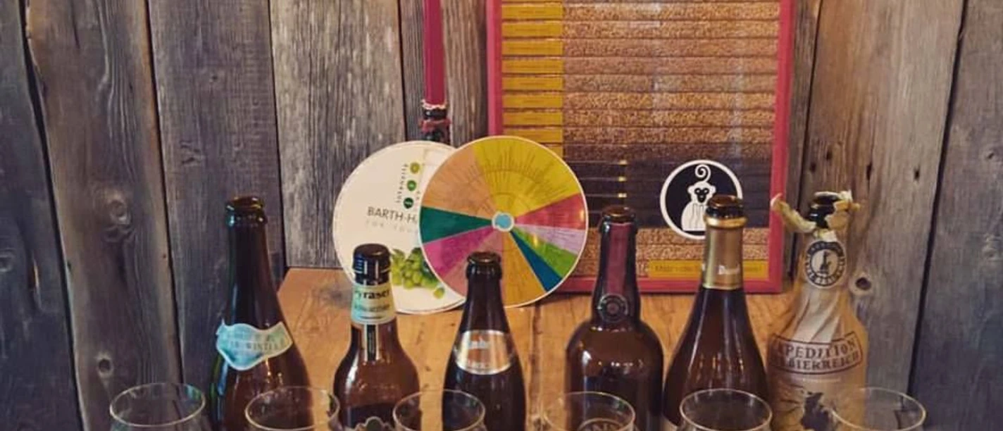 tasting Auf einem Holztisch stehen Flaschen verschiedener Biere nebeneinander und vor ihnen Gläser gefüllt mit jeweils einem Schluck Bier zum Probieren.