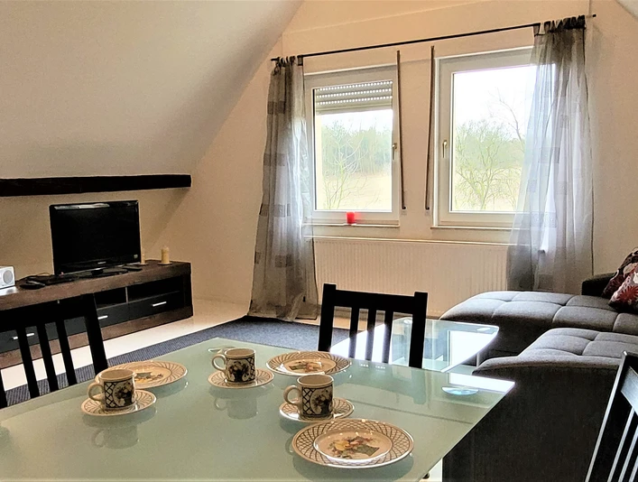 Wohnzimmer mit Ecksofa, Glastisch und Fernseher; Fenster bieten Aussicht auf grüne Landschaft.