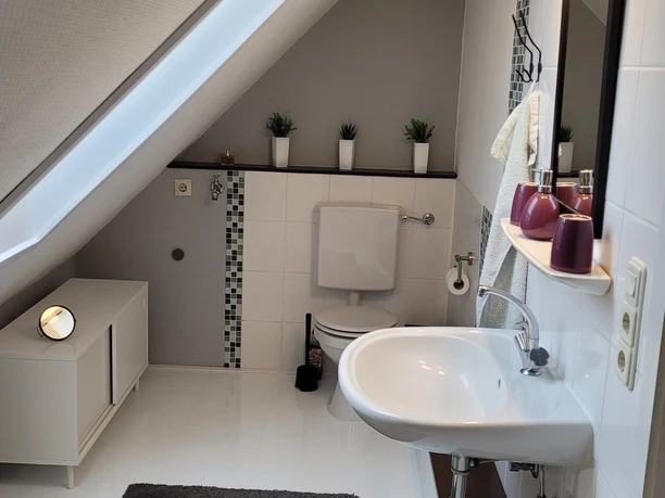FeWo Obereickum- Bad - B Schlaupitz (4).jpg Helles Badezimmer mit Dachschräge, weißer Fliesenwand, Waschbecken, WC und Dekorationspflanzen.