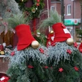 Weihnachtswichtel Weihnachtlich geschmückte Tannenzweige mit roten Zipfelmützen und goldenen Kugeln auf dem Markt.Christmas decorated fir branches with red pointed caps and golden baubles on the market.Julepyntede grangrene med røde spidse hætter og gyldne kugler på markedet.Met kerst versierde sparrentakken met rode puntmutsen en gouden kerstballen op de markt.