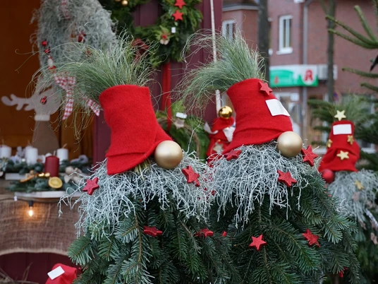 Weihnachtswichtel Weihnachtlich geschmückte Tannenzweige mit roten Zipfelmützen und goldenen Kugeln auf dem Markt.Christmas decorated fir branches with red pointed caps and golden baubles on the market.Julepyntede grangrene med røde spidse hætter og gyldne kugler på markedet.Met kerst versierde sparrentakken met rode puntmutsen en gouden kerstballen op de markt.