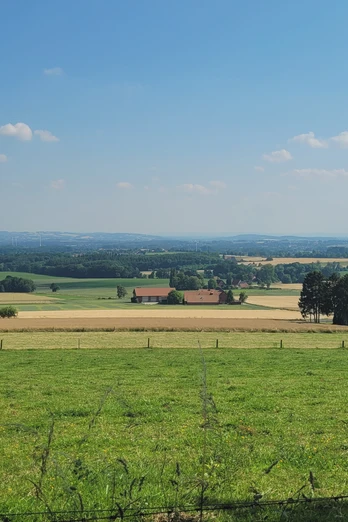 Weiter Blick über sanfte Hügel und Felder im Wiehengebirge, umgeben von verstreuten Bauernhöfen.