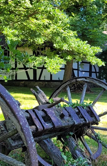 Rossmühle Oberbauerschaft  Alte hölzerne Wagenräder liegen unter Bäumen, mit einem Fachwerkhaus und einer Scheune im Hintergrund.