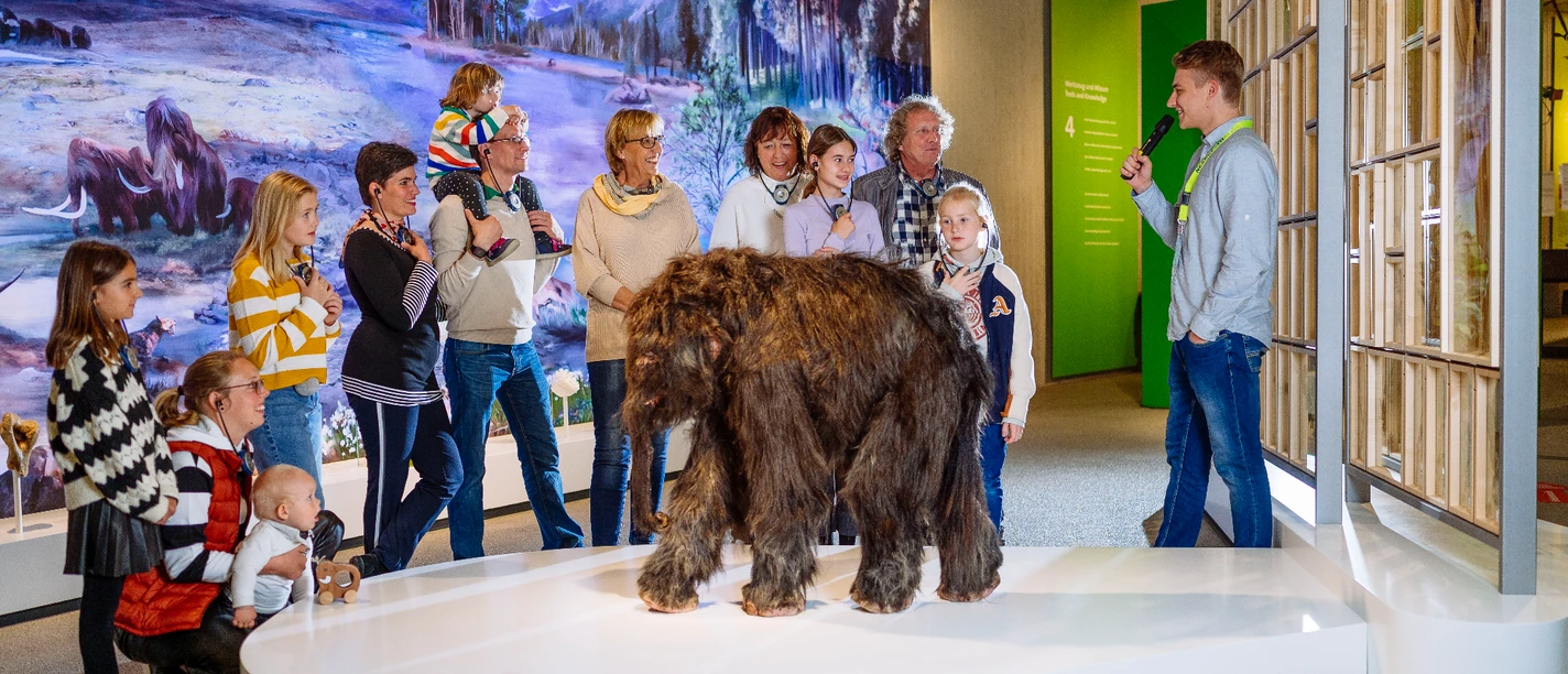 Besuchergruppe im Neanderthal Museum studiert interessiert ein lebensgroßes Modell eines Mammutbabys.