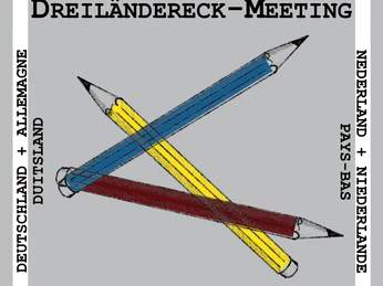 Urban Sketchers_Dreiländereck-Meeting.jpg Das Bild zeigt das Logo des Urban Sketchers Dreiländereck-Meetings mit drei gekreuzten Stiften, umgeben von Beschriftungen der teilnehmenden Länder: Deutschland, Niederlande und Belgien.