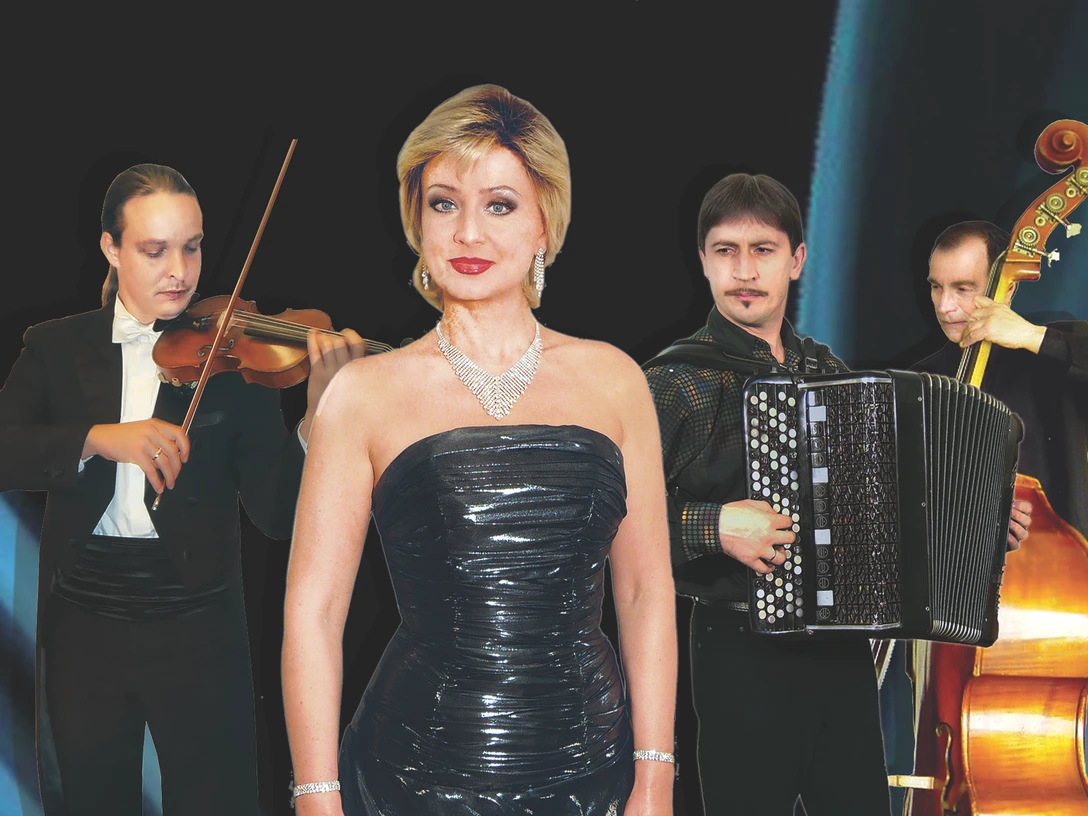 Italienische Nacht_M.Grandoni.jpg Eine Sängerin in einem festlichen, glitzernden Kleid steht vor einer Band, bestehend aus einem Violinisten, Akkordeonspieler und Kontrabassisten. Die Bandmitglieder tragen elegante schwarze und weiße Anzüge. Der Hintergrund ist stilvoll-dunkel, was den Fokus auf die Künstler lenkt.