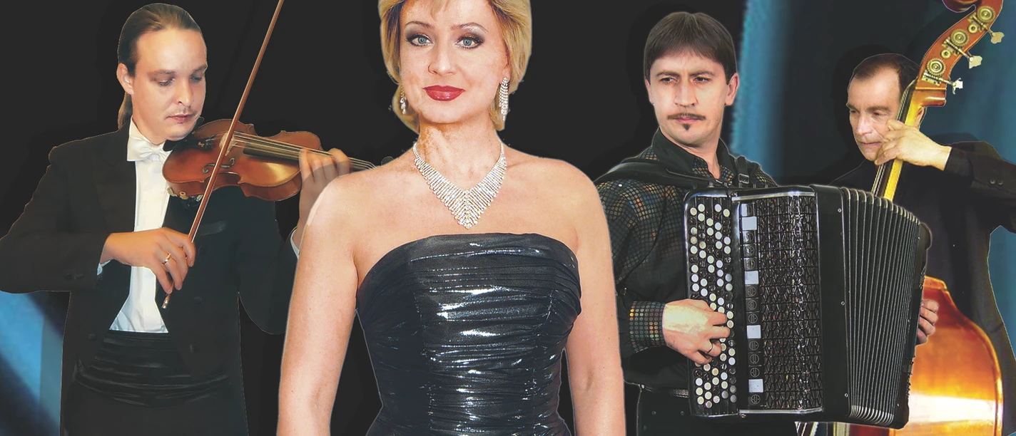 Italienische Nacht_M.Grandoni.jpg Eine Sängerin in einem festlichen, glitzernden Kleid steht vor einer Band, bestehend aus einem Violinisten, Akkordeonspieler und Kontrabassisten. Die Bandmitglieder tragen elegante schwarze und weiße Anzüge. Der Hintergrund ist stilvoll-dunkel, was den Fokus auf die Künstler lenkt.