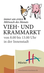 Vieh- und Krammarkt-Poster mit Illustrationen eines Schweins und eines Huhns. Termine und Ort notiert.