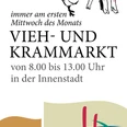 Vieh- und Krammarkt-Poster mit Illustrationen eines Schweins und eines Huhns. Termine und Ort notiert.