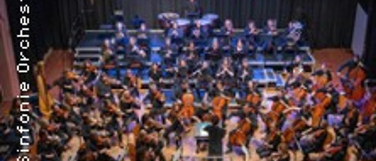 Das Bild zeigt ein Orchester auf einer Bühne, das von einem Dirigenten geleitet wird, umgeben von Zuschauenden.