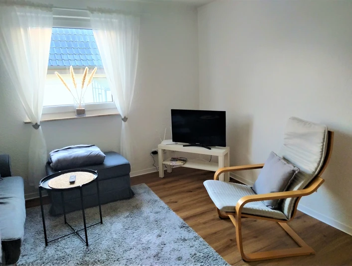 Wohnbereich mit grauem Sofa, Sessel, flachem Fernseher, hellem Holzboden und Tageslicht von links.