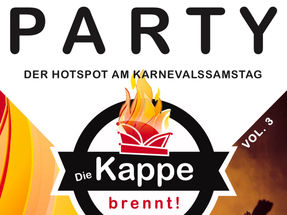 IMG_6480.jpeg Flyer für eine Veranstaltung mit dem Titel "Die Kappe brennt!", einem Party-Hotspot am Karnevalssamstag.