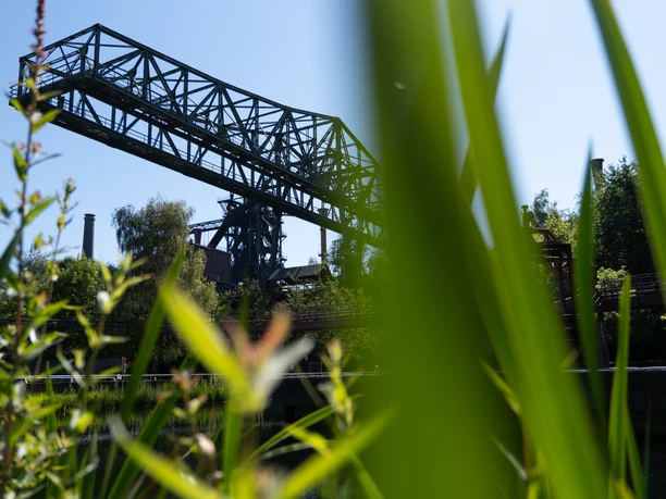Wohnmobilstellplatz Landschaftspark Duisburg-Nord Das gezeigte Bild zeigt einen eindrucksvollen alten Industriekran, umgeben von grüner Natur.