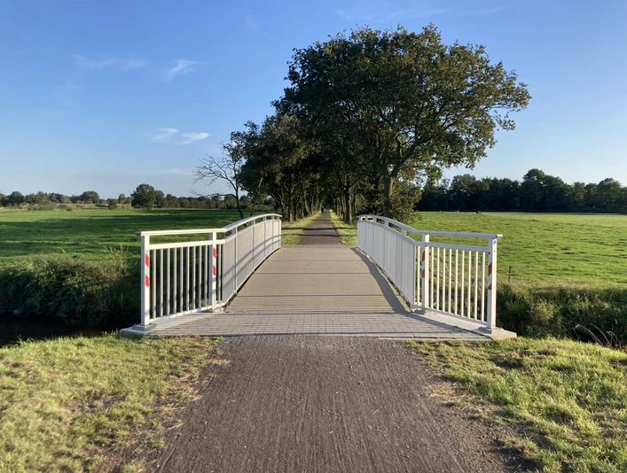 Weiße Brücke am Ostfriesland Wanderweg, Gemeinde Rhauderfehn, Ostfriesland Schmale Brücke mit weißen Geländern über einen Graben, führt zu einem von Bäumen gesäumten Weg in einer grünen Wiesenlandschaft.