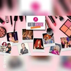 Verschiedene Künstlerporträts auf einem Hintergrund mit Schminkutensilien und dem Logo "Kulturschock".