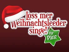 Ein roter Weihnachtsmannhut mit weißem Bommel über dem Schriftzug "Loss mer Weihnachtsleeder singe!"