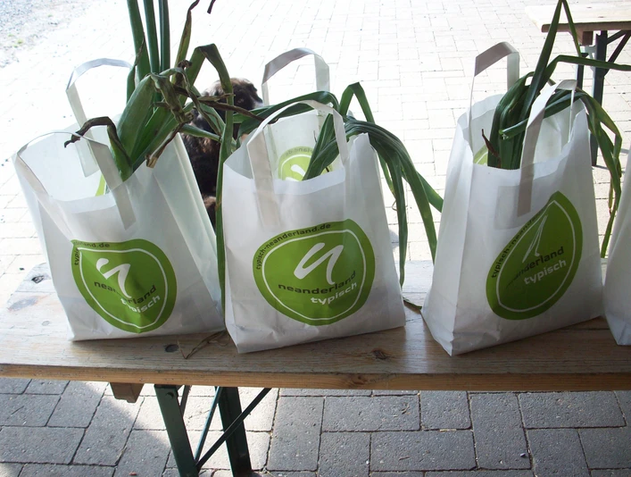 Gemüse im Verkauf von Gut Hixholz Frisch geerntete Gemüse in Taschen mit dem Logo "neanderland typisch" auf einem Holztisch arrangiert.